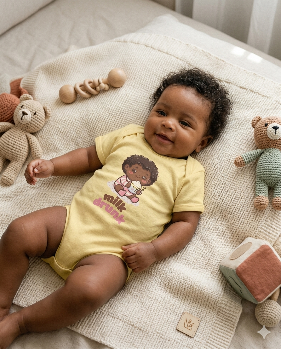 Baby Bodysuit - Cute 'Milk Drunk' Cartoon Baby Graphic